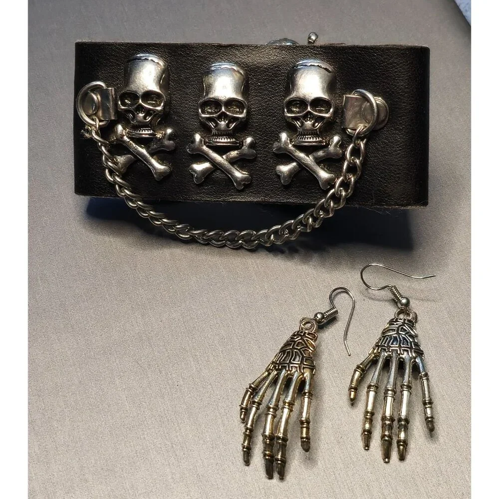 Y2K Skull & Bones Gothic Jewelry Set Silver Tone Earrings Bracelet Lot of 2